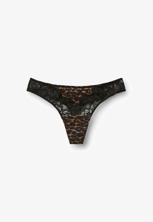 String in pizzo con motivo leopardato in toni di marrone e nero, cinturino in pizzo trasparente e dettagli intricati.
