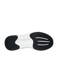 Suela de zapato en blanco y negro, con una suela de goma texturizada que presenta surcos y diseños distintivos para ofrecer tracción y agarre.