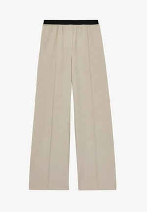 Beige, bő szárú nadrág fekete, elasztikus derékkal, függőleges plisszékkel és sima textúrával.