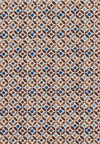 Textile featuring a geometric pattern of interconnected brown and light blue diamonds, outlined in white, against a light background.