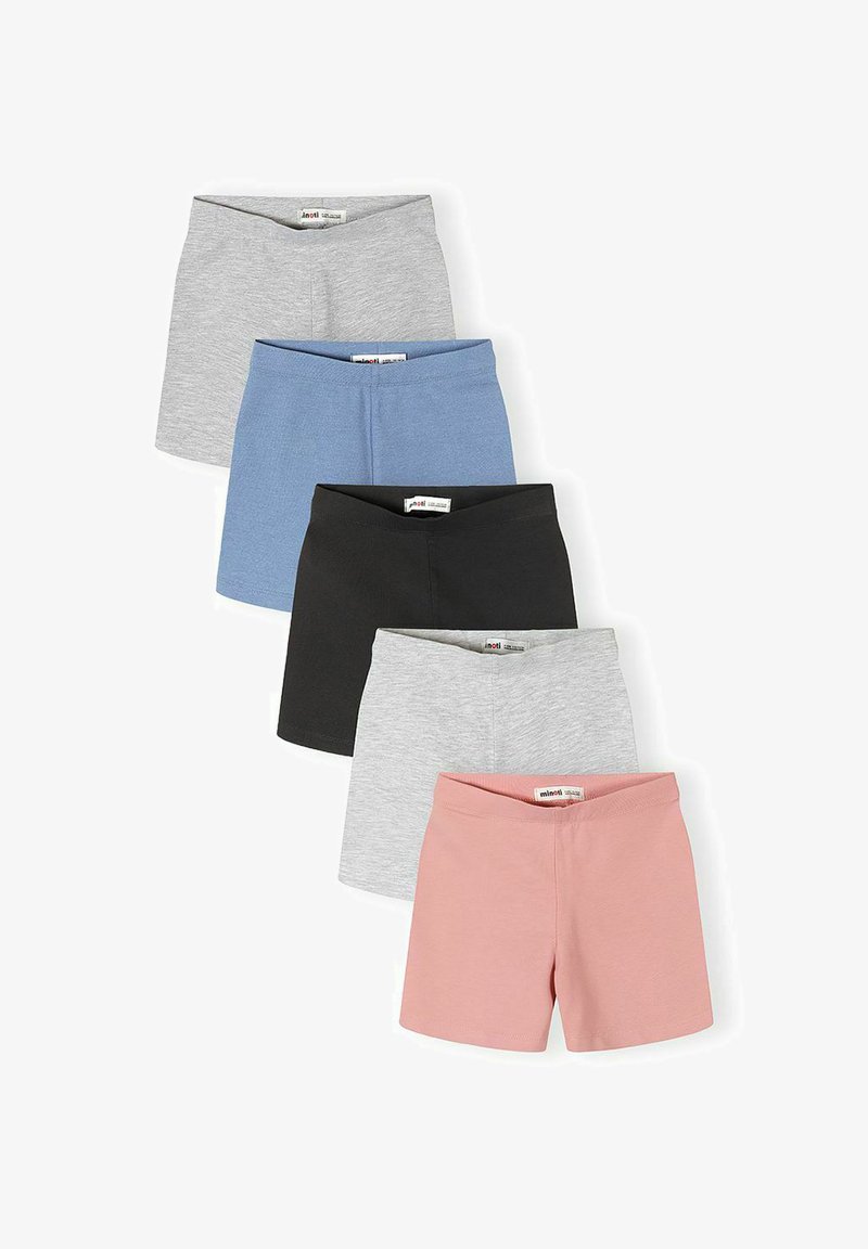 Cinq paires de shorts en coton uni aux couleurs gris, bleu, noir, gris clair et rose, disposées verticalement sur un fond blanc.