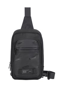 Borsa a tracolla nera realizzata in materiale resistente, con un pannello frontale liscio e loghi in rilievo, cinturino regolabile e scomparti con zip.