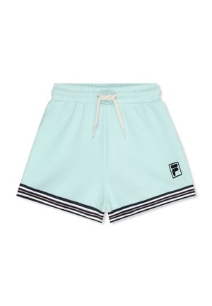 Pantaloncini da atletica celeste con vita elasticizzata, coulisse bianca, orlo a strisce nere e bianche e logo nero sulla gamba sinistra.