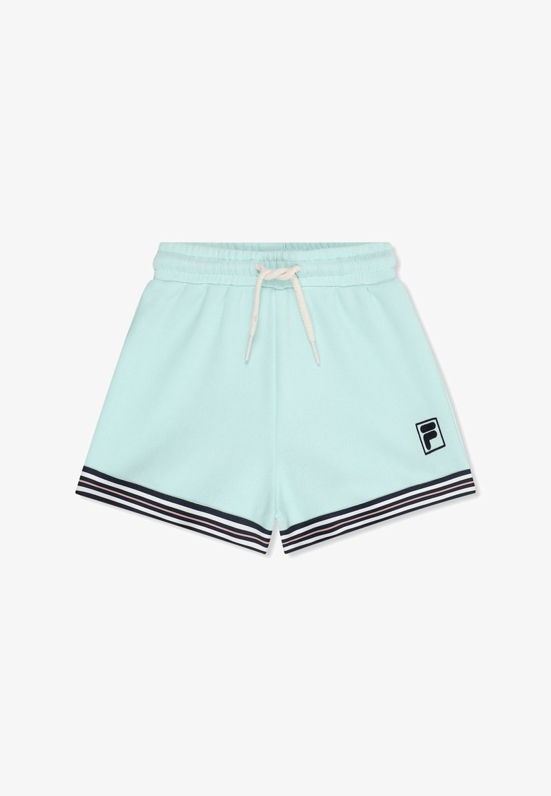 Shorts de sport bleu clair avec taille élastique, cordon blanc, ourlet rayé noir et blanc, et logo noir sur la jambe gauche.
