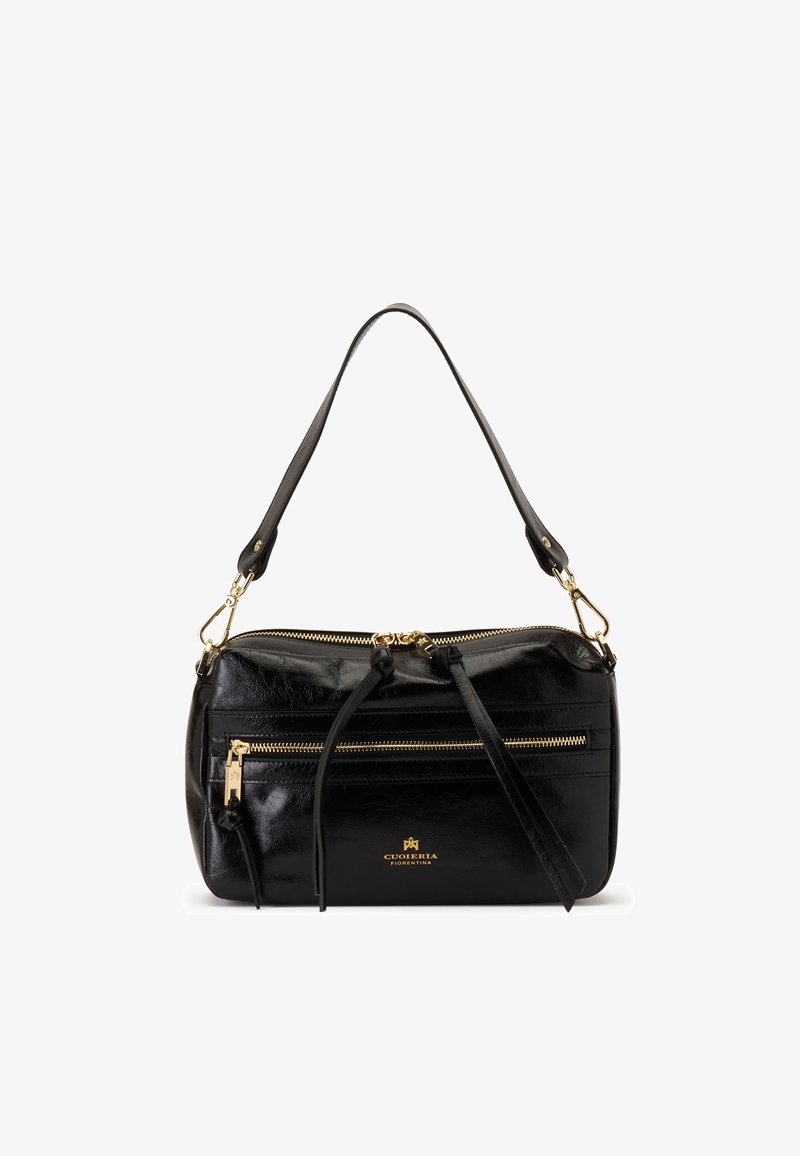 Sac à main en cuir noir avec fermetures éclair dorées, bandoulière réglable et logo sur le devant indiquant Cuoieria Fiorentina.