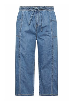 Blaue Jeans-Hose mit weitem Bein, elastischem Bund und verstellbarem Zugband, mit seitlichen Aufsatztaschen und Nahtdetails.