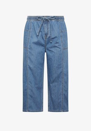 Blaue Jeans-Hose mit weitem Bein, elastischem Bund und verstellbarem Zugband, mit seitlichen Aufsatztaschen und Nahtdetails.