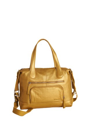 Golden brown leather handbag with two handles, front zip pocket, and adjustable shoulder strap on a white background.