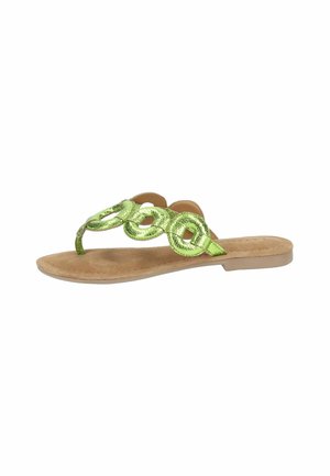 Grønne metaliske flip-flop sandaler med en struktureret overdel, der har runde udskæringer, beige fodseng og flad sål.