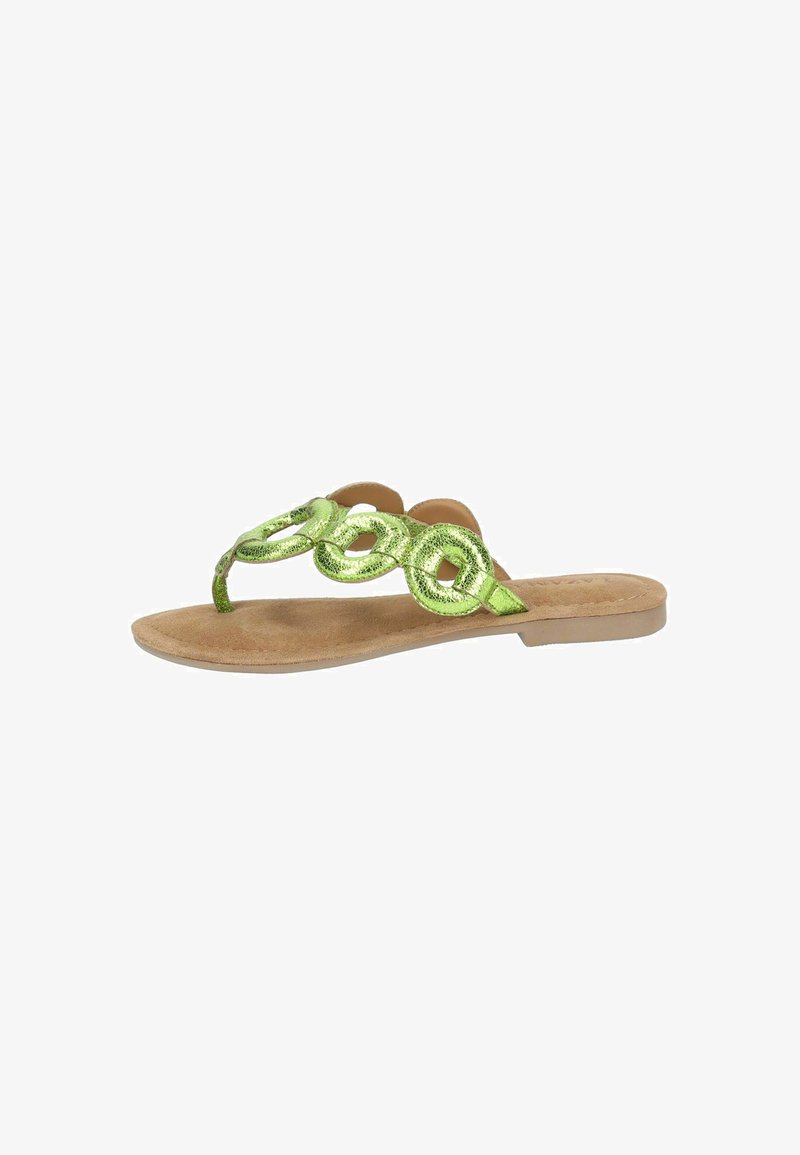Groene metallic flip-flop sandaal met een gestructureerde bovenkant voorzien van ronde uitsparingen, beige voetbed en platte zool.