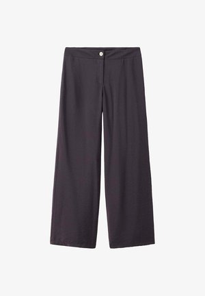 Pantalon noir à jambes larges avec taille haute, fermeture à boutons et tissu lisse, présenté sur fond blanc.