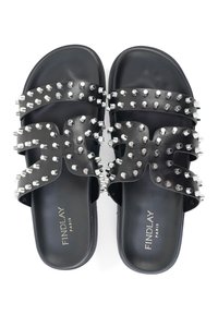 Black leather slide sandals featuring silver studs and two wide straps. The insole is embossed with "FINDLAY PARIS" logo.
