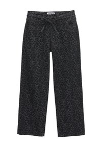 Pantalones negros de tiro alto con un patrón de estampado de leopardo, diseño de pierna ancha, textura suave y cierre de cordón en la cintura.