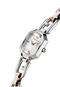 Silver-tone octagonal watch with a white face, rose gold accents, and a metal link band, featuring prominent hour and minute markers.