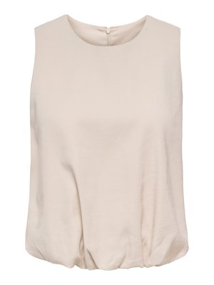Blusa beige sin mangas con escote redondo y dobladillo recogido, con un pequeño cierre de cremallera en la parte trasera.