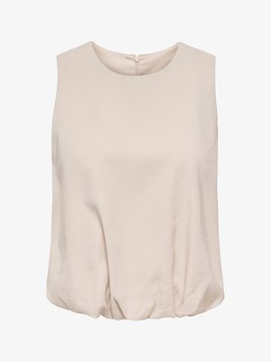 Blusa beige sin mangas con escote redondo y dobladillo recogido, con un pequeño cierre de cremallera en la parte trasera.