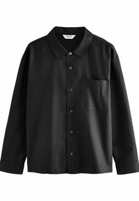 Black long-sleeve shirt made of lightweight fabric. Features a pointed collar, front button closure, and a chest pocket. Smooth texture.