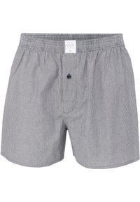 Boxers en coton rayés avec une taille élastique, dotés d'une fermeture à bouton à l'avant, dans des tons de bleu et blanc.