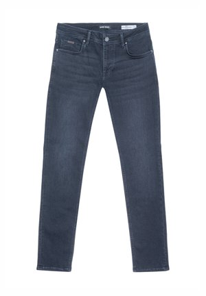Jeans de mezclilla azul oscuro con un diseño de pierna recta, que cuentan con cinco bolsillos, una cremallera y detalles de costura sutiles.