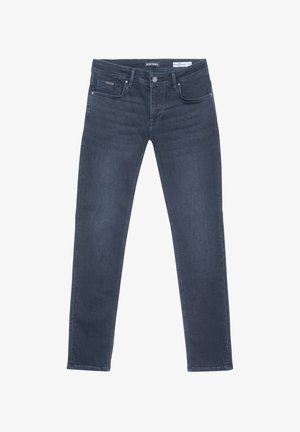 Jeans in denim blu scuro con design a gamba dritta, dotati di cinque tasche, chiusura con zip e dettagli di cucitura sottili.