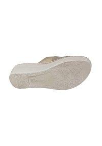 Infradito beige con suola in gomma bianca texturizzata. Caratterizzato da un materiale superiore liscio e design a zeppa bassa, con marchio "Riposella."