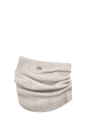 Light gray knitted neck warmer with ribbed edges and a small rectangular metal brand tag on one side.