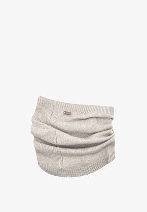 Light gray knitted neck warmer with ribbed edges and a small rectangular metal brand tag on one side.
