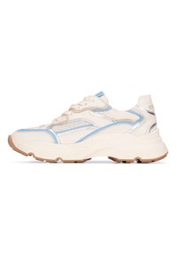 Sneaker in mesh crema e blu con accenti argentati. Suola spessa e rotonda e tomaia testurizzata. Chiusura con lacci e colletto imbottito per supporto.