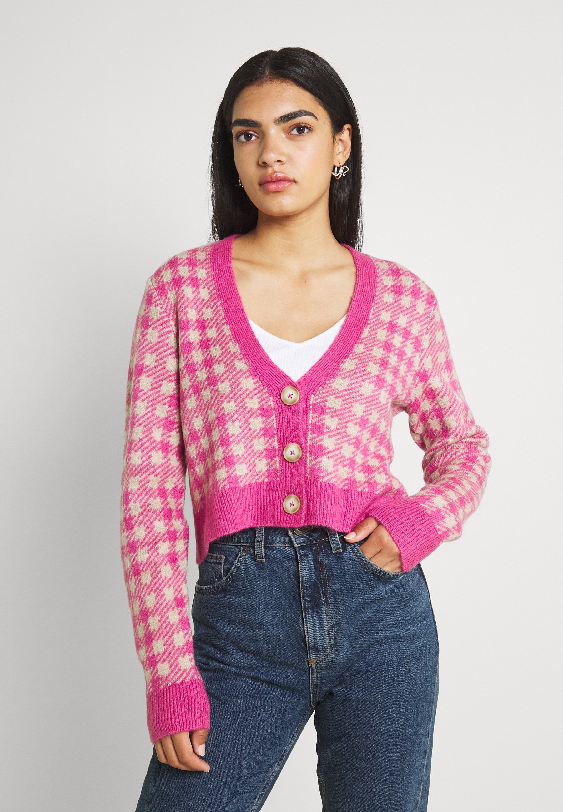 Damen VICHEKINA CARDIGAN - Strickjacke - natural melange/pink Damen VICHEKINA CARDIGAN - Strickjacke - natural melange/pink