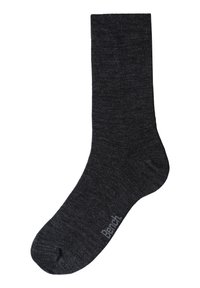 Schwarze, mittellange Socke aus weichem, strukturiertem Material. Verfügt über eine verstärkte Zehenpartie und ein Logo am Knöchel. Einfaches, einfarbiges Design.