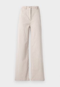 Pantaloni in corda beige a vita alta con gambe larghe, chiusura frontale con bottone e zip, e passanti per cintura, esposti su uno sfondo bianco.