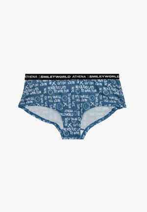 Shorty garçon en coton bleu avec une taille noire, présentant un motif de texte blanc et de graphiques. Le design comprend des phrases et des icônes rondes.