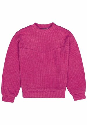 Sweter z długim rękawem, prążkowany, z okrągłym dekoltem, w jaskrawym różowym kolorze, z motywem jodełki na piersi oraz dopasowanymi mankietami i dołem.