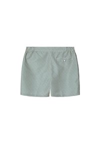 Gemusterte Badeshorts mit mintgrünem Grundton und navyblauen geometrischen Designs. Mit elastischem Bund und einer Gesäßtasche mit Knopf.