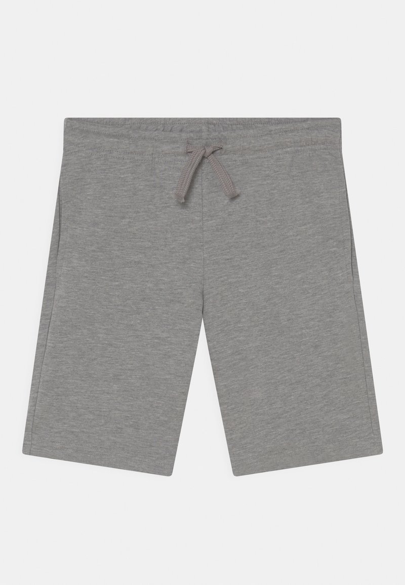 Shorts gris longueur genoux avec une taille élastique et un cordon de serrage, en tissu doux, présentés sur un fond blanc.