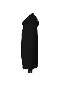 Sweatshirt noir à capuche avec une poche frontale, des poignets côtelés et une texture de tissu douce. La vue de profil met en avant sa silhouette élégante.