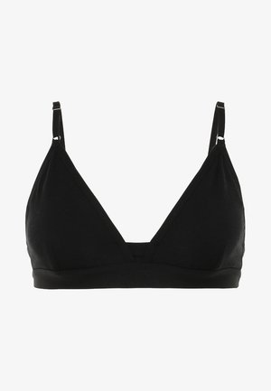 Fekete háromszög melltartó vékony, állítható pántokkal. Puha anyagból készült, sima textúrájú, díszítések nélkül.