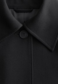 Primer plano del cuello de un abrigo de tela negra texturizada con un botón negro de cuatro orificios abrochado en el cuello.