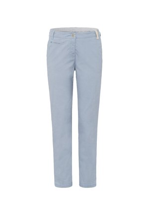 Hellblaue Hose mit geradem Bein, vorne mit Knopf und Reißverschluss, Gürtelschlaufen und einer kleinen Reißverschlusstasche auf der rechten Seite.