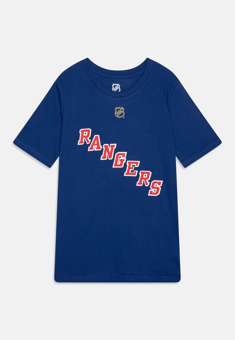 Blue cotton t-shirt featuring bold red "RANGERS" text in a staggered layout and a small NHL logo above the neckline. Short sleeves.
