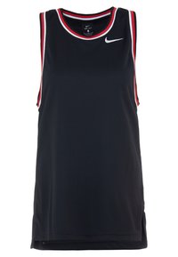 Maillot sans manches Nike Dri-FIT noir, avec un col rond orné de bordures rouges et blanches, une texture en mesh, et des fentes latérales pour une meilleure mobilité.