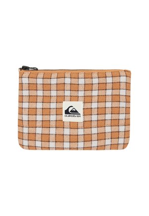 Brown and white plaid zip wallet with a textured fabric, featuring an exterior logo patch, rectangular shape, and contrasting stitching.
