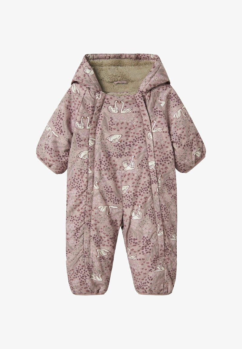 Laste lillelise talveülikonna pehme roosa värvusega, millel on pehme ja karvane vooder, paisteuhkede mustriga ja kapuutsiga disain. Ülikonda katab tikitud tekstuur.