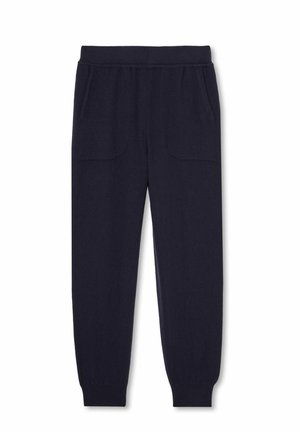 Navy Jogginghosen aus weichem Stoff, mit zwei Fronttaschen, elastischem Bund und Bündchen an den Knöcheln für eine körperbetonte Passform.