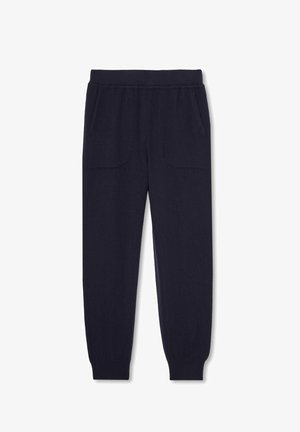 Pantalons de jogging navy en tissu doux, dotés de deux poches avant, d'une taille élastique et de chevilles resserrées pour une silhouette ajustée.