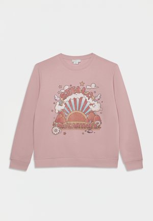 Pinkes Sweatshirt mit langen Ärmeln mit einer Retro-Sonne, Wolken, Sternen, Blumen und einer Textgrafik ""Stella McCartney"" auf der Vorderseite.