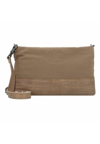 Borsa a tracolla color tan con una base in pelle testurizzata, dettagli di cucitura discreti e una tracolla regolabile. Presenta una patch con logo sulla parte anteriore.