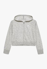 Haut de sweatshirt zippé gris en tissu doux et textur�é, doté d'une poche kangourou, d'une capuche avec cordon de serrage et d'un logo sur le côté gauche de la poitrine.