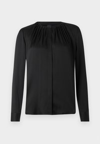 Blusa nera a maniche lunghe realizzata in tessuto morbido, con scollatura rotonda e leggere pieghe alle spalle. Presenta un taglio dritto e chiusura con bottoni.