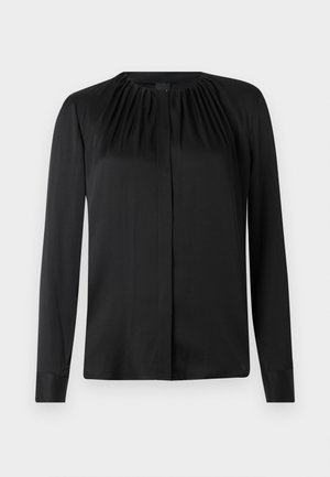 Black long-sleeve blouse made of smooth fabric with a round neck and subtle gathers at the shoulders. Features a straight cut and button front.